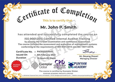 Sample ISO 9001 Internal Auditor Certificate - Punyam Academy