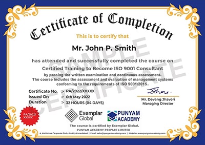 Sample ISO 9001 Consultant Certificate - Punyam Academy