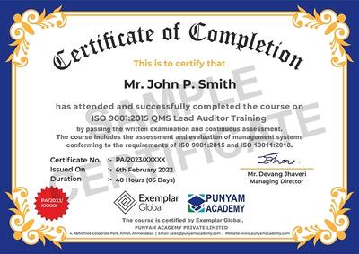 Sample ISO 9001 Lead Auditor Certificate - Punyam Academy